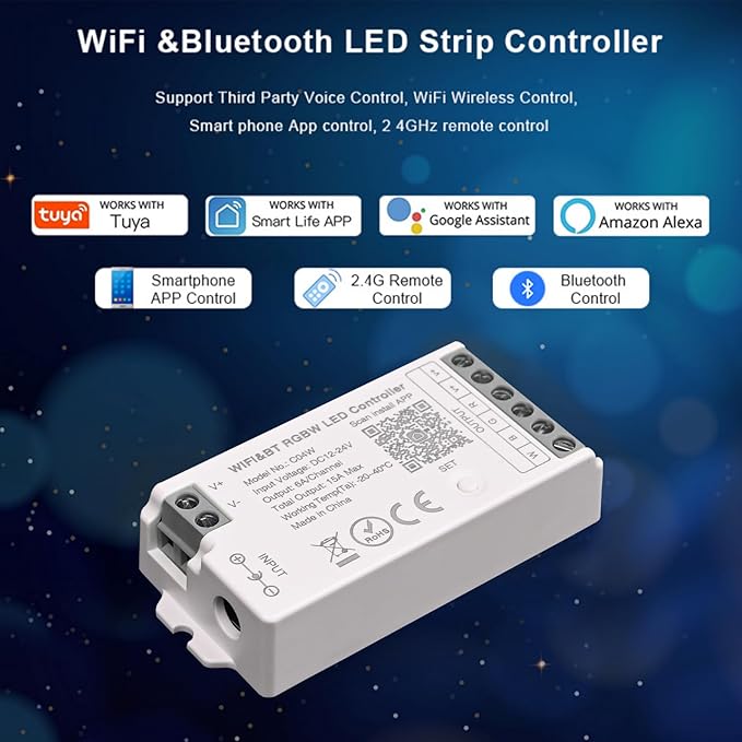 C04W RGBW LED Controller, Tuya WiFi 2.4G RF, 5Pin PWM for SMD FCOB Strip, APP & Voice Control, Compatible with Alexa Google Home, Compatible with WR01RF RC03RFB RC04RFB RC05RFB Remote