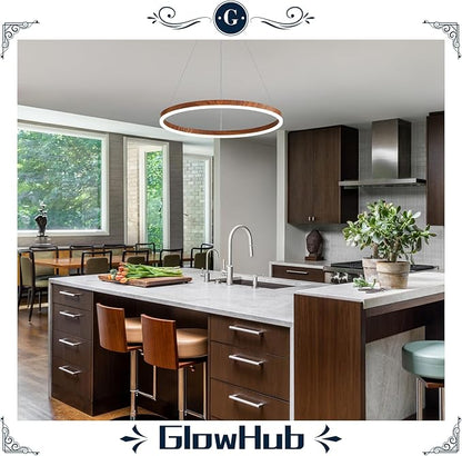 GlowHub Modern LED Chandelier, Wood Grain 1-Ring LED Pendant Light Fixture with Remote Control, Farmhouse Round Chandelier for Dining Room, 20 Inches Circle Hanging Light for Foyer Kitchen