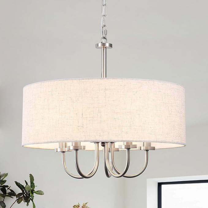 Drum Modern Chandeliers for Dining Room Light Fixture 5 Lights Brushed Nickel Chandelier with Linen Lampshade 19” Farmhouse Chandelier Large Pendant Lighting Fixtures for Foyer Entryway Kitchen