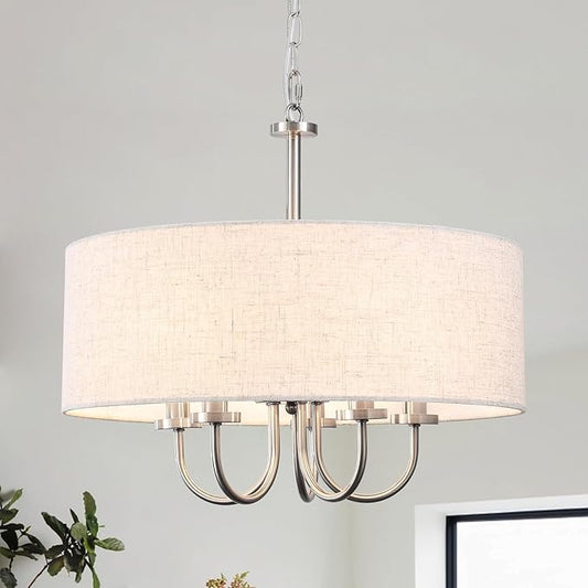 Drum Modern Chandeliers for Dining Room Light Fixture 5 Lights Brushed Nickel Chandelier with Linen Lampshade 19” Farmhouse Chandelier Large Pendant Lighting Fixtures for Foyer Entryway Kitchen