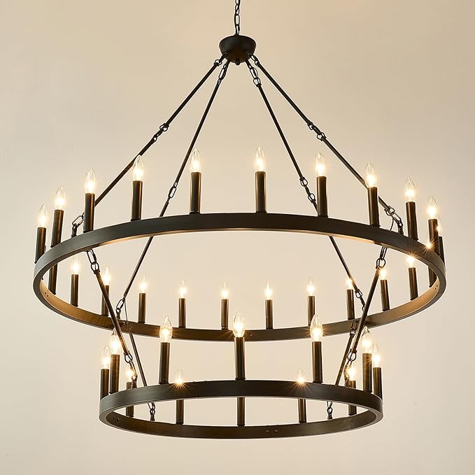 HHR 48 Inch 2 Tier Wagon Wheel Chandelier, 36-Light Extra Large Black Round Chandelier, Rustic Farmhouse Light Fixture for High Ceilings, Dining Room Living Room Foyer Entryway