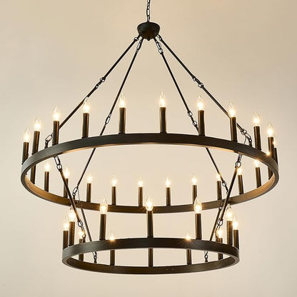 HHR 48 Inch 2 Tier Wagon Wheel Chandelier, 36-Light Extra Large Black Round Chandelier, Rustic Farmhouse Light Fixture for High Ceilings, Dining Room Living Room Foyer Entryway