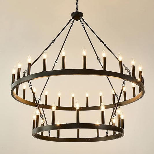 HHR 48 Inch 2 Tier Wagon Wheel Chandelier, 36-Light Extra Large Black Round Chandelier, Rustic Farmhouse Light Fixture for High Ceilings, Dining Room Living Room Foyer Entryway