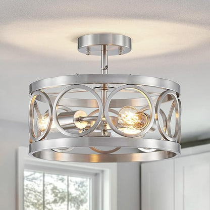 XINGQI 13” Chandelier Brushed Nickel 3-Light Rustic Ceiling Light Modern Adjustable Height Pendant Lighting Fixture Antique Drum Lamp for Living Room Bedroom Entryway Corridors