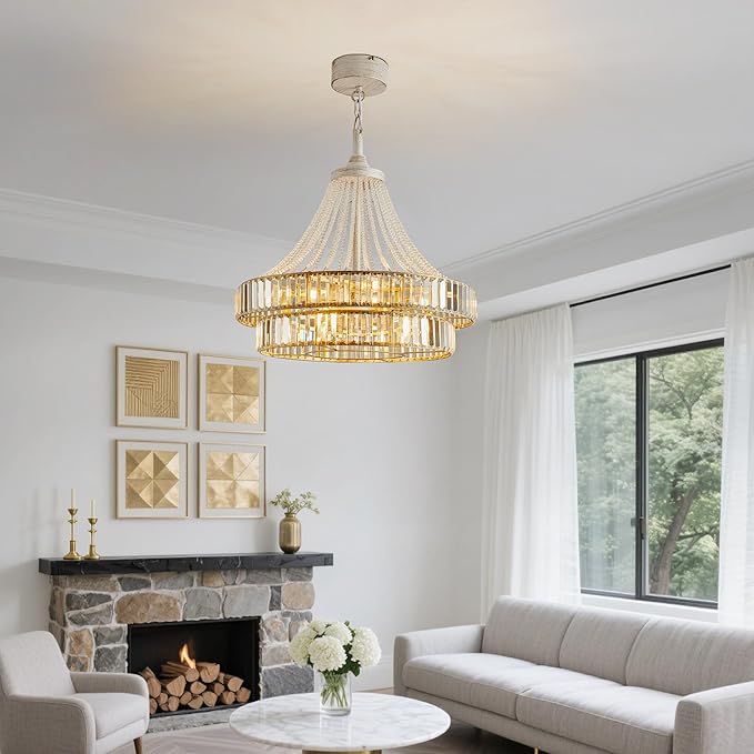 24“ Crystal Ceiling Fan with Lights, Modern Caged Fandelier with Remote & App Control, 6-Speed Reversible DC Motor, 8-Lights Chandelier Fan Double Layer for Bedroom, Living Room (White Gold)