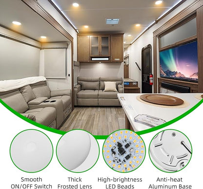 RV Ceiling Light 12V, 4.5Inch RV Light Interior, Dimmable Puck Dome Lights for Motorhome Boat Trailer (Warm White 2Pack)