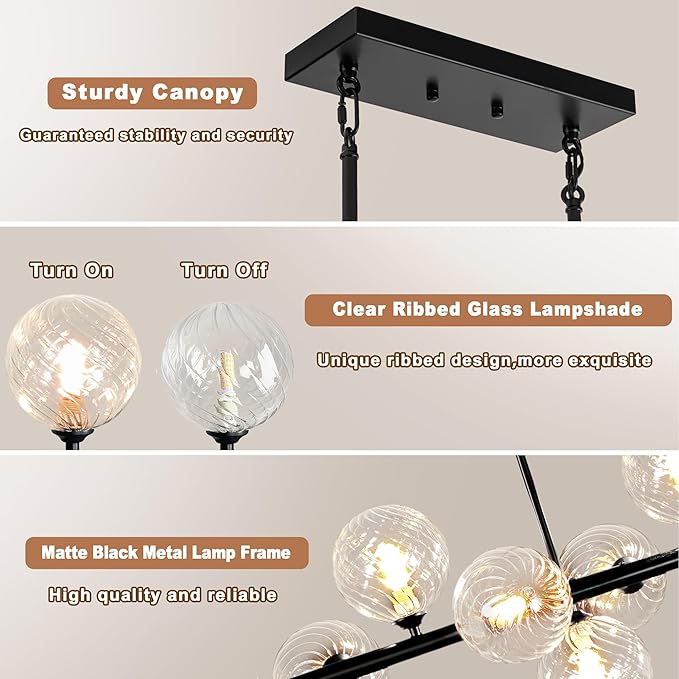 16-Light Linear Chandelier,55" Black Sputnik Chandeliers Clear Globe Modern Chandeliers for Dining Room Light Long Large Chandelier Sputnik Ceiling Light Fixture Pendant Lights Kitchen Island