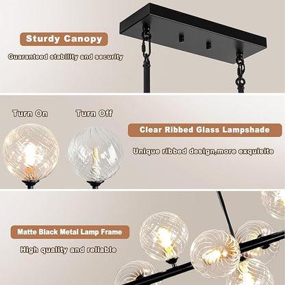 16-Light Linear Chandelier,55" Black Sputnik Chandeliers Clear Globe Modern Chandeliers for Dining Room Light Long Large Chandelier Sputnik Ceiling Light Fixture Pendant Lights Kitchen Island