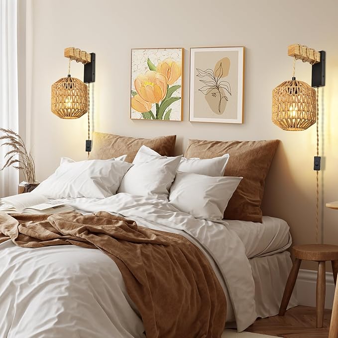 Boho Hanging Wall Light Plug in,Vintage Farmhouse Wall Sconces Set of Two with Rattan Shade for Bedroom Living Room-Black