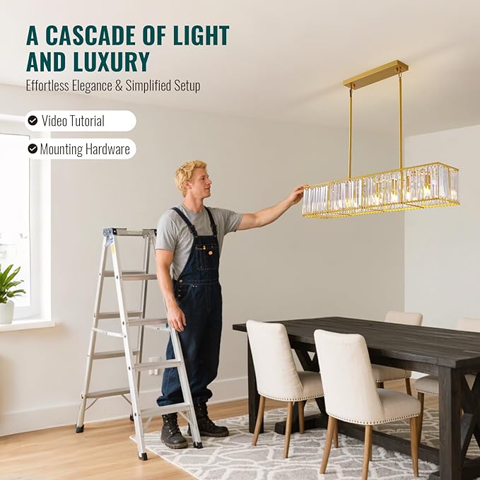Siljoy Gold Crystal Chandelier for Dining Room, 7-Light Modern Rectangular K9 Crystal Raindrop Chandelier Pendant Ceiling Light Fixture for Living Room Kitchen Island, L47'' x W8.6'' x H8.6''