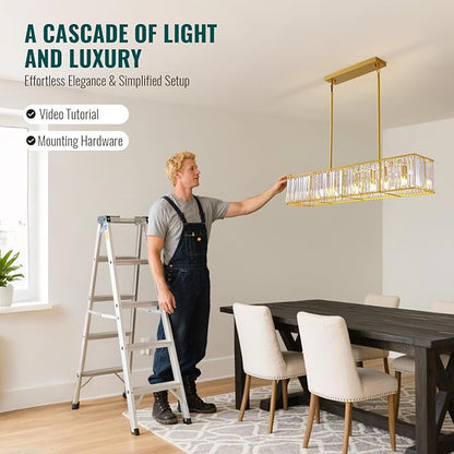 Siljoy Gold Crystal Chandelier for Dining Room, 7-Light Modern Rectangular K9 Crystal Raindrop Chandelier Pendant Ceiling Light Fixture for Living Room Kitchen Island, L47'' x W8.6'' x H8.6''