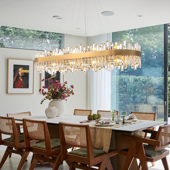 L52'' Modern Crystal Chandelier for Dining Room, 20-Light Gold Rectangular 2-Tiers K9 Crystal Raindrop Chandelier Flush Mount Pendant Ceiling Light for Dining Living Room Kitchen Island