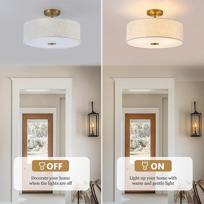 Bargeni Semi Flush Mount Ceiling Light Fixture,16 inch Drum Flush Mount Ceiling Light, Modern Light Fixtures Ceiling Mount with Matte Brass Finish, Semi Flush Ceiling Light for Bedroom,Dining Room