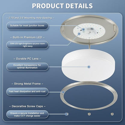16Inch Flush Mount LED Ceiling Light Fixtures, 5CCT Adjustable 2700K 3000K 4000K 5000K 6500K, Dimmable Close to Ceiling Light for Kitchen, Bathroom, Kitchen, Bedroom, Brushed Nickel, 1 Pack