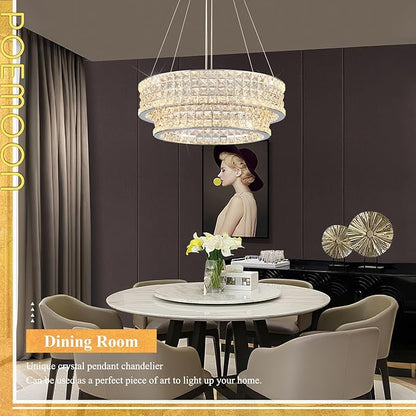 LED Crystal Chandeliers with Remote Control 20’’ Luxury 2-Tier Modern Chrome Chandelier Light Fixture Dimmable for Dining Room Bedroom Kitchen Foyer Entryway 3000-6500K