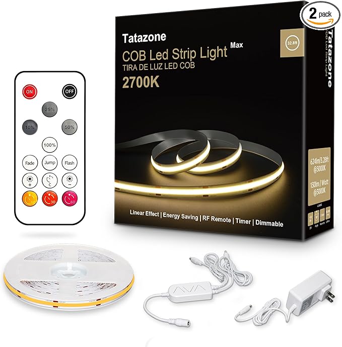 Tatazone White COB Led Strip Lights Max with RF Remote, 32.8ft 2700K CRI93+ Dimmable Warm White COB Light Strip, Adhesive Indoor COB Led Lights for Living Room, Shelf, Cabinet