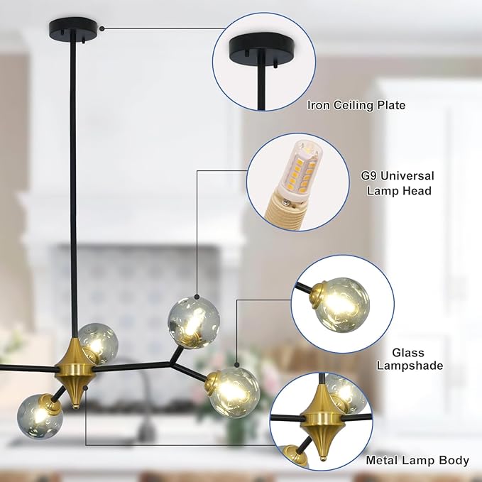 Depuley Glass Globe Sputnik Chandelier: 6-Light Mid-Century Modern Chandelier Black and Gold Bubble Light Fixture - Vintage Hanging Chandeliers for Kitchen Dining Room (Included G9 Bulbs)