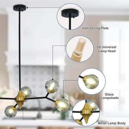 Depuley Glass Globe Sputnik Chandelier: 6-Light Mid-Century Modern Chandelier Black and Gold Bubble Light Fixture - Vintage Hanging Chandeliers for Kitchen Dining Room (Included G9 Bulbs)