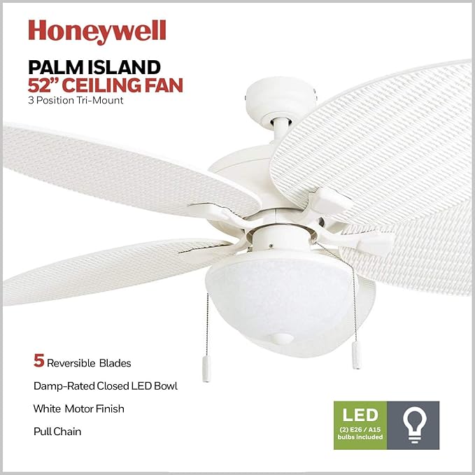 Honeywell Ceiling Fans Inland Breeze, 52 Inch Tropical Indoor Outdoor Ceiling Fan with Light, Pull Chain, Three Mount Options, Weather Resistant Blades - 50511-01 (White)