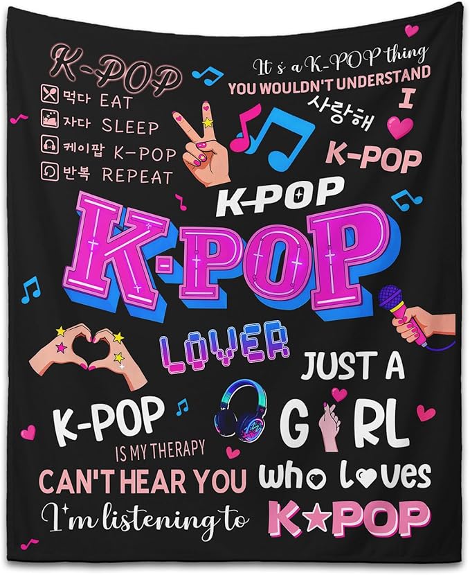 Kpop Gifts Blanket for Teen Girls - Music Gifts for Women Friends K-Pop Fans Lovers, Kpop Merch Stuff, Christmas Birthday Gifts for BFF Girls Women, Just A Girl Who Loves K-pop Blanket 60''x50''
