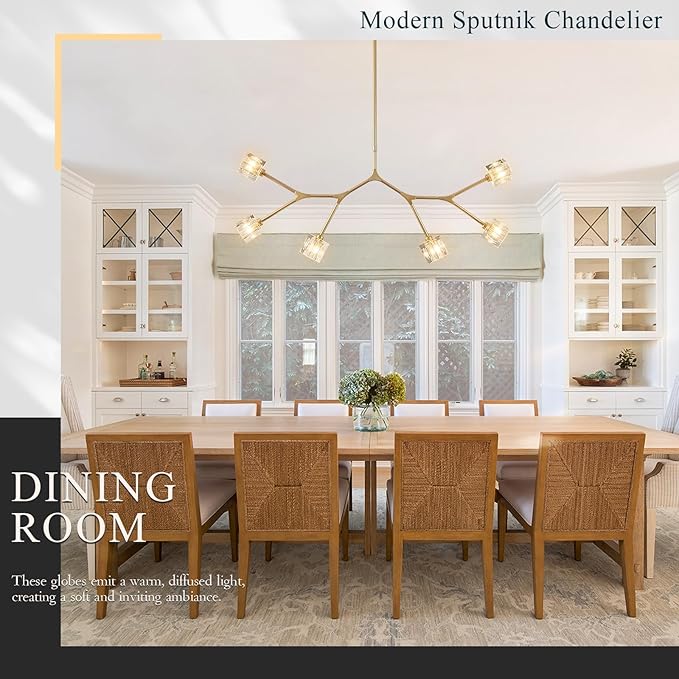 6 Lights Gold Crystal Chandelier for Dining Room L43’’ Modern Luxury Sputnik Chandelier Over Table Adjustable Flush Mount Pendant Light Fixture for Living Room Kitchen Island Bedroom