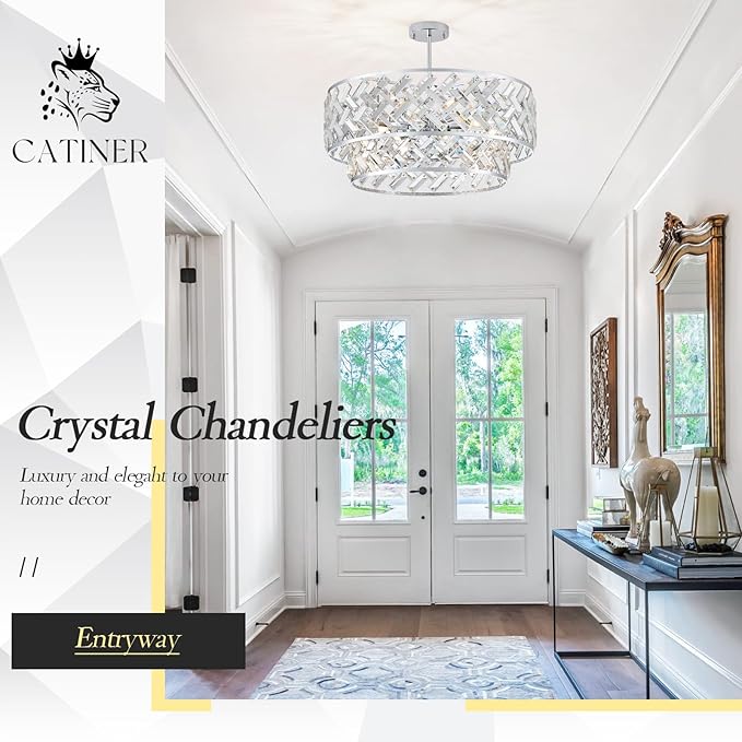 CATINER Chrome Crystal Chandelier, 8-Light Drum Semi Flush Mount & Pendant Ceiling Light, 24'' Modern Round Fixture for Living Room, Dining Room, Kitchen, Foyer, Bedroom