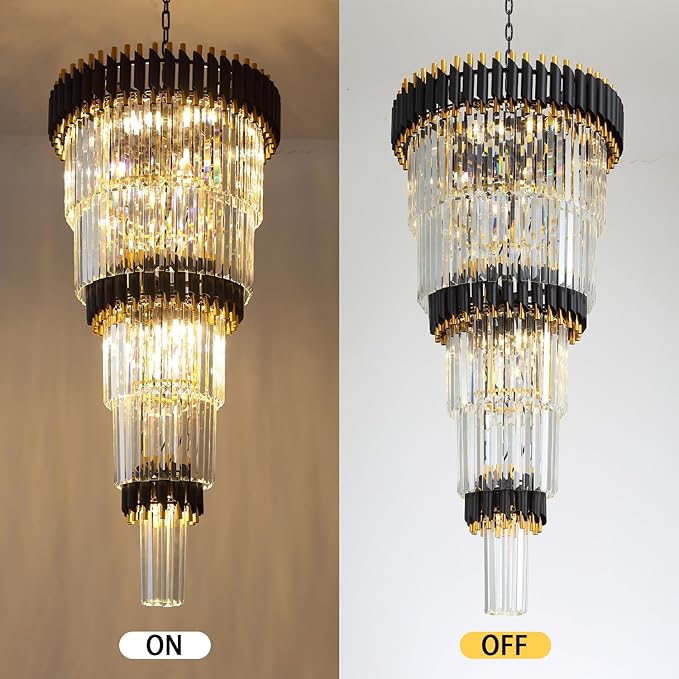 Large Black and Gold Crystal Chandelier, 24" 5-Tier Crystal Chandeliers for High Ceiling, Adjustable Height Pendant Light for Foyer, Villa, Staircase, Entryway