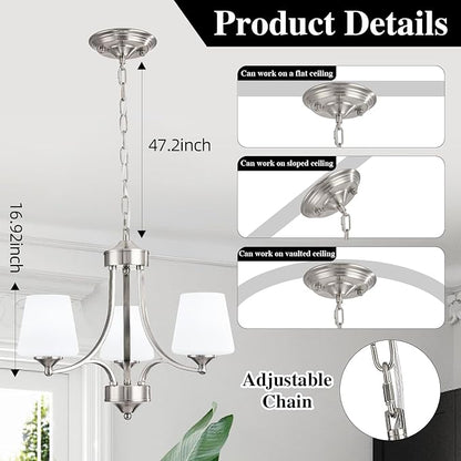 Brushed Nickel Dining Room Light Modern Sliver Chandelier with Frosted Glass, 3-Light Metal Farmhouse Kitchen Island Light Fixtures E26 Hanging Pendent Lighting for Living Room, Kitchen, Foyer