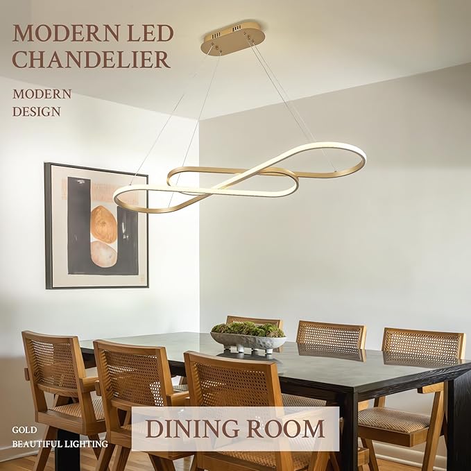 Modern LED Chandelier Gold Dimmable LED Pendant Light for Dining Room Light Fixture Over Table Modern Kitchen Island Lighting High Ceiling with Remote for Living Room(42 Inch, 3000K-6500K)