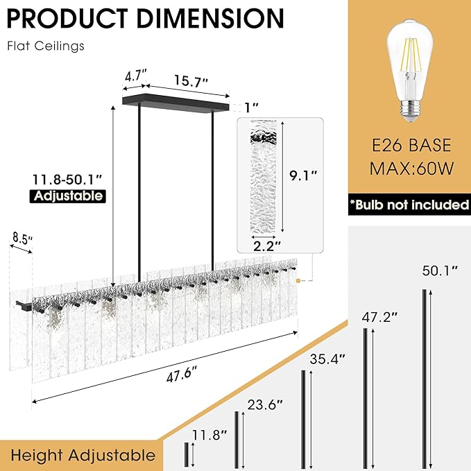 4FT Long Chandelier for Dining Room - Black Dining Room Light Fixture Linear Crystal Design with Water Ripple Glass & Large Rectangle & 6pcs MAX 60W E26 Bulbs