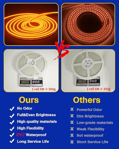 DUOFU365 Orange Neon LED Strip Light, DC 12V 600 SMD2835 LED Neon Rope Lights,Upgraded 16.4ft/5m Led Light Strips Flexible Waterproof for Indoor/Outdoors Home Decoration/DIY(No Power Adapter)
