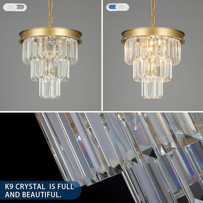 Weesalife Crystal Chandeliers for Dining Room Light Fixtures Over Table，4-Lights Modern Gold Crystal Pendant Lighting Fixture，3 Tiers Small Chandeliers for Kitchen Island Bedroom Entryway D12 Inch