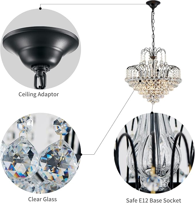WUZUPS Crystal Chandelier Pendant Flushmount Ceiling Light Modern Lighting Fixture for Bedroom Hallway Bar Kitchen Bathroom, H 17.3" x W 18.9", Black, E12 Base
