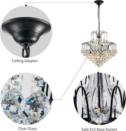 WUZUPS Crystal Chandelier Pendant Flushmount Ceiling Light Modern Lighting Fixture for Bedroom Hallway Bar Kitchen Bathroom, H 17.3" x W 18.9", Black, E12 Base