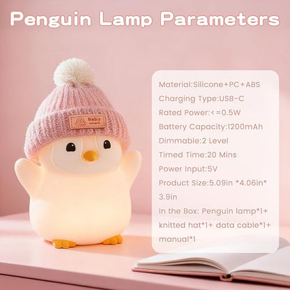 FAMIDUO Penguin Night Light, Cute Pink Penguin Lamp with Knit Hat, Soft Silicone Nursery Nightlight for Baby, Rechargeable/Dimmable/Timer,LED Squishy Novelty Animal Bedside Lamp,Funny Gifts for Kids
