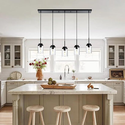 MELUCEE Kitchen Island Lighting Modern 5 Lights Linear Chandeliers for Dining Room, Industrial Black Pendant Light Fixtures Ceiling Hanging with Clear Glass Shade, 37 Inches Length