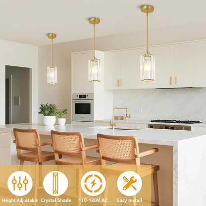 LAMSU 3 Pack Gold Pendant Lights Kitchen Island, Modern Pendant Lighting with Clear Crystal Shade, Vintage Brass Chandelier Light Fixtures Ceiling Hanging for Dining Room Bedroom Foyer Hallway