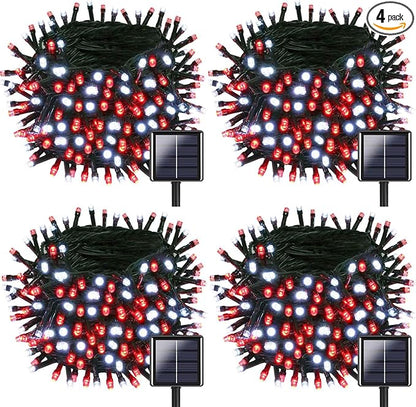 OZS 4 Pack 320LED Solar Christmas String Lights Outdoor, Waterproof 8 Modes Solar Tree Light, Green Wire Christmas Lights Outdoor for Garden, Party, Wedding, Christmas Decorations (Red&Cool White)