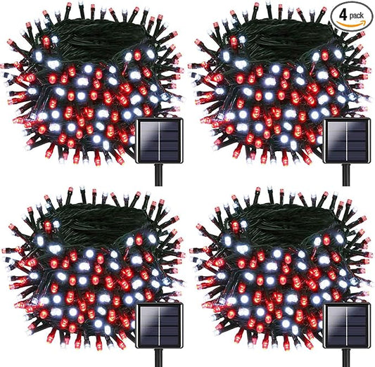 OZS 4 Pack 320LED Solar Christmas String Lights Outdoor, Waterproof 8 Modes Solar Tree Light, Green Wire Christmas Lights Outdoor for Garden, Party, Wedding, Christmas Decorations (Red&Cool White)