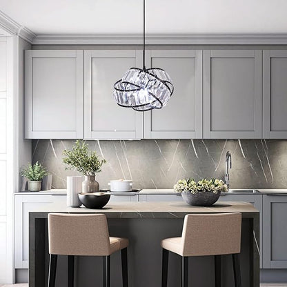 Modern Crystal Chandelier Light Fixure Mid Century Modern Geometric Black Ring Chandelier Vintage Small Crystal Black Chandeliers for Dining Room, Kitchen Island, Bedroom, Foyer