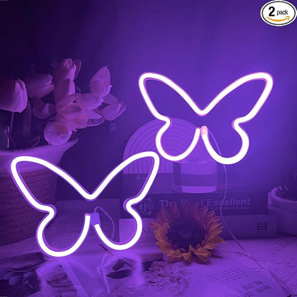2 PCS Butterfly Neon Signs Purple Butterfly LED Neon Light for Bedroom,USB/3AA Battery Powered Neon Light Sign Wall Art for Valentines Day Birthday Wedding Party Home Bar Decorations