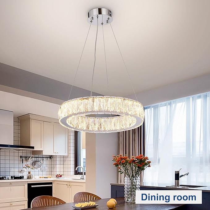 Depuley Modern LED Crystal Chandeliers: 15.7" Ring Chandelier Hanging Crystal Ceiling Light Fixture - 24W Adjustable Height Pendant Light for Living Room Dining Room Bedroom Foyer