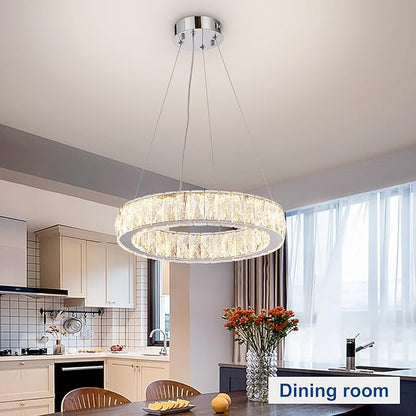 Depuley Modern LED Crystal Chandeliers: 15.7" Ring Chandelier Hanging Crystal Ceiling Light Fixture - 24W Adjustable Height Pendant Light for Living Room Dining Room Bedroom Foyer
