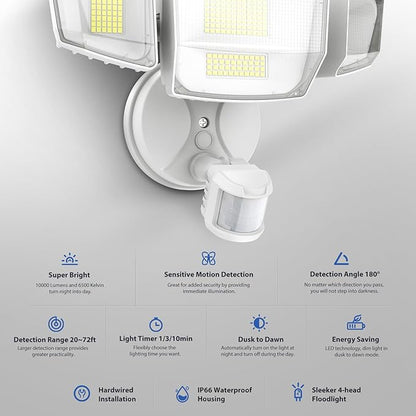 Onforu 90W 10000LM LED Motion Sensor Outdoor Lights, 4-Head Dusk to Dawn Outdoor Lighting, 2 Pack Hardwired Flood Lights, IP66 Waterproof 6500K Security Floodlight for Outside (White)