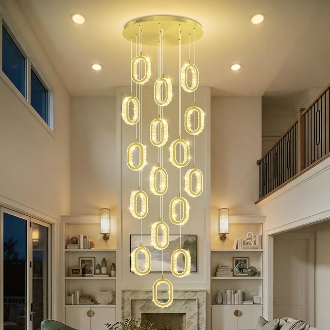 Modern Gold Ring Chandelier for High Ceiling Long Stair Chandeliers for Foyer LED Crystal Ring Drop Chandelier Dimmable 2700K-6000K 16-Light