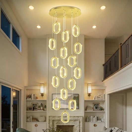 Modern Gold Ring Chandelier for High Ceiling Long Stair Chandeliers for Foyer LED Crystal Ring Drop Chandelier Dimmable 2700K-6000K 16-Light