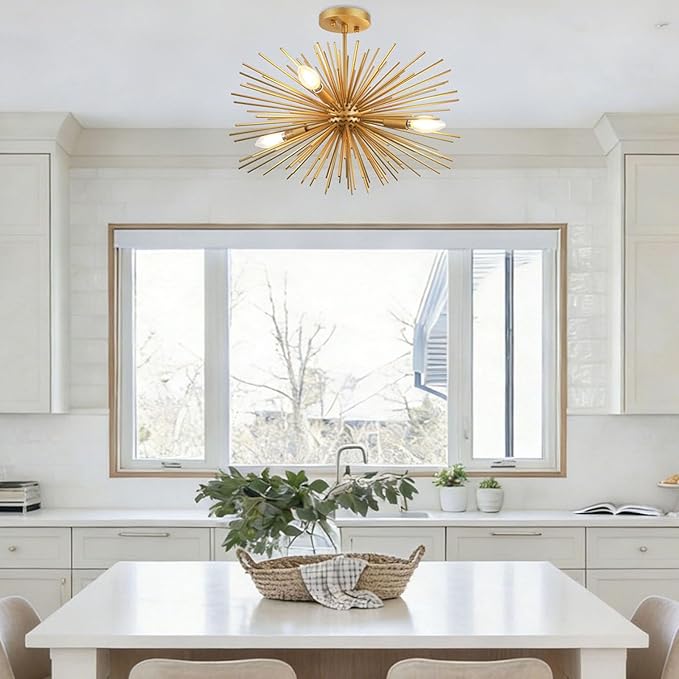 Modern Sputnik Chandelier Ceiling Light Fixture,4-Light Gold Semi Flush Mount Ceiling Light,20in Solid Metal Starburst Satellite Urchin Chandelier for Entry Dining Room Bedroom Kitchen Foyer