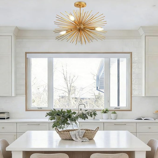 Modern Sputnik Chandelier Ceiling Light Fixture,4-Light Gold Semi Flush Mount Ceiling Light,20in Solid Metal Starburst Satellite Urchin Chandelier for Entry Dining Room Bedroom Kitchen Foyer