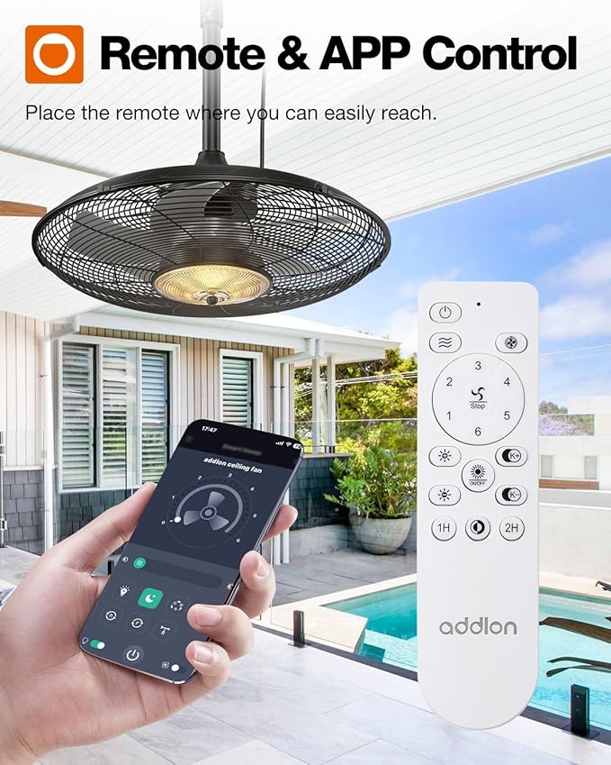 addlon Outdoor Ceiling Fan with Light for Patios, 20 inch Black Waterproof Gazebo Fan with Remote&APP Control, Reversible, Dimmable, Plug in Hook Mount Portable Fan for Garage Pergola Porch Canopy