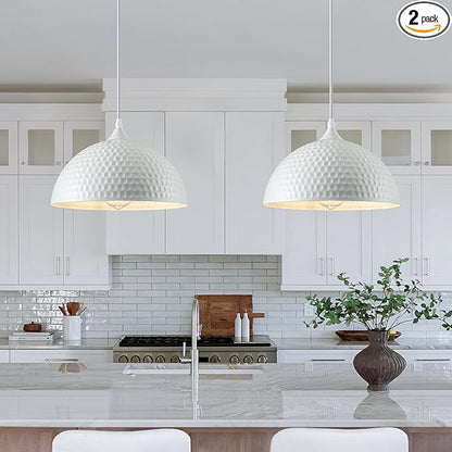Hammered White Dome Pendant Light 2 Pack, White and Gold Pendant Lights,12 Inch Metal Industrial Pendant Light, Kitchen Island Pendant Lights for Kitchen, Dining Room, Bar
